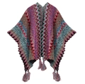 Ethnic knit shawl with purple and red zigzag pattern and decorative fringe details - Cardigans / Rose Purple