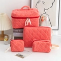 Set da 4 borse cosmetiche trapuntate a scacchi rossi e bianchi con manico superiore - Borsa Trucco Grande con Nastro (Gingham Rosso)