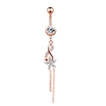 Detailed view of rose gold belly button ring with zircon flower and tassel chains - 1969 Flower Star Rose Gold