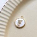 Macro detail of letter F mother-of-pearl shell pendant with cubic zirconia inlay - F Round