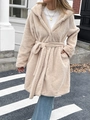 Detailed texture of beige teddy fleece coat featuring a belted waist and side pockets - S / Apricot