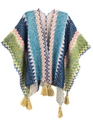 Ethnic knit shawl with multi-color wave patterns and yellow tassels in blue and orange - Cardigans / Colorful Blue Green
