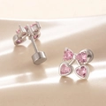 Pink heart bow stud earrings in silver titanium steel with screw flat back design - Pink Heart Cherry Bow Style (A198)