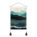 Detailed close-up of mountain landscape wall tapestry with wooden rod and black tassels - 35x50cm / Style 1