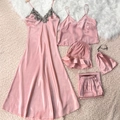 Rosa 5-teiliges Satin-Pyjama-Set mit Spitzen-Camisole und Shorts Homewear für Damen - S / Lotusrosa