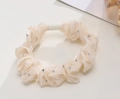 Polka dot organza hair scrunchie in cream white with shiny silver dots for women - Rhinestone Small Scrunchie - Beige