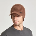 Bonnet en tricot marron pour homme avec visière et protège-oreilles pour l'hiver - Café Clair