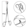 Dettaglio della pinza per piercing in acciaio da 17cm con sistema autobloccante di precisione - Piccole pinze chiuse rotonde 0,5 cm