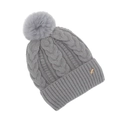 Detail of grey cable knit beanie with fluffy faux fur pom-pom and gold leaf accent - One Size / Gray