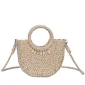 Bolso bandolera de paja beige en forma de media luna con conchas y asa redonda - Blanco Roto