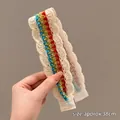 Rainbow knit hairband with white lace trim for girls, length approximately 38cm - 10# Beige Rainbow Woven