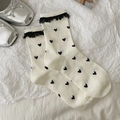 Calze bianche con motivi a cuori neri e bordi in pizzo dal design dolce e femminile - Taglia unica / Crema Cuore Pizzo