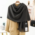 Deep gray thickened cashmere scarf with tassels styled over a light camel wool coat - Thickened 300g Tassel Shawl / 200x70cm / Dark Gray