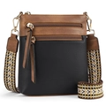 Detailed shot of textured leather crossbody bag with ethnic style jacquard wide strap - Black and Brown