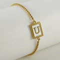 Gold stainless steel bead chain bracelet featuring a square shell letter U pendant - Letter U