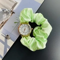 Creative women's LED watch with light green satin scrunchie strap and gold round case - Cyan
