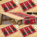 Christmas table runner and placemat set with red festive holiday patterns for home dining - Knitted Little Tree