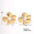 Detail view of gold flower earrings with white pearl center and precise dimensions - Pearl Flower Style (E01625-4)