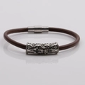 Detail of dark brown leather bracelet with silver pattern tube and magnetic clasp - Platinum O
