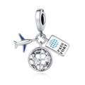 Macro detail of silver travel charms featuring a plane, globe, and passport with blue accents - Airplane Globe Passport (Airplane Series) / Silver Blue