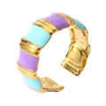 Detail of 18k gold plated open ring featuring purple and light blue enamel wide stripes - Adjustable Open / Style 3 (Purple & Blue Stripe)