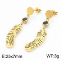 Boucles d'oreilles plumes en titane doré avec pierres noires, taille 25x7mm - Style Forme de Plume (KE111091-MW)
