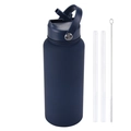Matte dark blue stainless steel sports flask with straw handle and cleaning brush set - 1 L / Indigo Blue