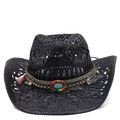 Detail of black straw cowboy hat featuring ethnic ribbon, turquoise stone and tassels - M / Black