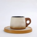 Japanese retro ceramic coffee cup with wooden handle and saucer in beige gradient - No.215-B Wooden Handle - Beige 300ml
