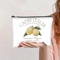 Capri Italia lemon print canvas makeup bag with zipper closure shown held in hand - Capri Italy Lemon Style (jiayingpbb0283)