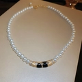 French vintage style large pearl necklace with gold and black crystal accents - White Pearl Necklace with Gold Decoration