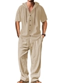 Détail de l'ensemble homme en coton lin beige avec chemise à capuche et pantalon long - S / Kaki