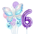 Detail of laser butterfly and purple number 6 foil balloons for a girl birthday party setup - Style 6 (Number 6)