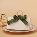 Champagne wedding favor box with a wooden ring handle and elegant green ribbon bow - Beige Box + Green Ribbed Ribbon / Small Size (do Not Use Wooden Rings)