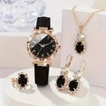 Golden jewelry set with black gems, quartz watch, necklace, earrings and ring on display - Style 2 Set (No Box)