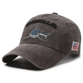 Washed dark grey baseball cap featuring a shark embroidery and American flag patch - Adjustable / Coffee