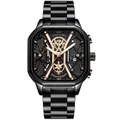 Men's black stainless steel square chronograph watch with rose gold V-accents - Black Case Gold Markers Steel Strap