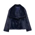 Detailed view of plush navy blue faux fur coat featuring wide lapels and soft texture - XS / Dark Blue