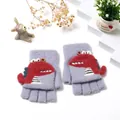 Detail of warm knitted kids flip-top mittens with cute 3D cartoon dinosaur in lavender - Gray