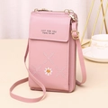 Small pink vertical crossbody phone bag with daisy embroidery and adjustable strap for women - Light Pink