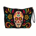 Borsa da trucco nera portatile con stampa teschio di zucchero per il Giorno dei Morti - Stile Teschio Floreale Nero (Con Manico in Fettuccia)