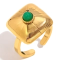 Vintage 18K gold plated stainless steel square ring with green stone and radial texture - Square Green Gemstone Open Ring / Gold