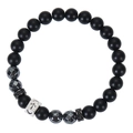 Close-up of black matte beads with silver cross and faceted grey stones on bracelet - Black Magnetic Stone and Frosted Stone Bracelet