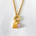 Gold-plated stainless steel necklace with 'V' tag and pink zircon pendant - Letter V
