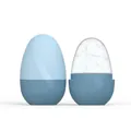 Detail view of egg-shaped ice face roller with spiral anti-slip texture and max fill line - New Egg Blue