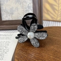 Elegant black flower hair claw clip with dark rhinestones and a large center pearl - Claw Clip (8cm) (P4-2#) / Black