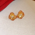 Gold-plated floral stud earrings with red accents and a pear-cut zircon center - Zircon Flower Petal Water Drop