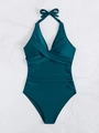 Deep teal halter one-piece swimsuit with ruched tummy control and cross wrap bodice - Teal