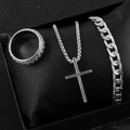 Men's stainless steel jewelry set featuring cross pendant necklace, ring, and cuban chain - Silver Cross Set