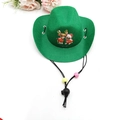 Detailed view of green Christmas cowboy hat for pets with adjustable strap and cartoon dog - Christmas Hat / Green